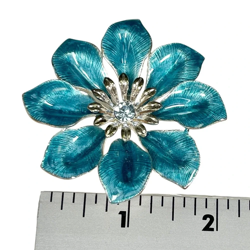 Teal Blue Flower Brooch Enamel Rhinestone Silver Tone Petal Cottagecore Retro